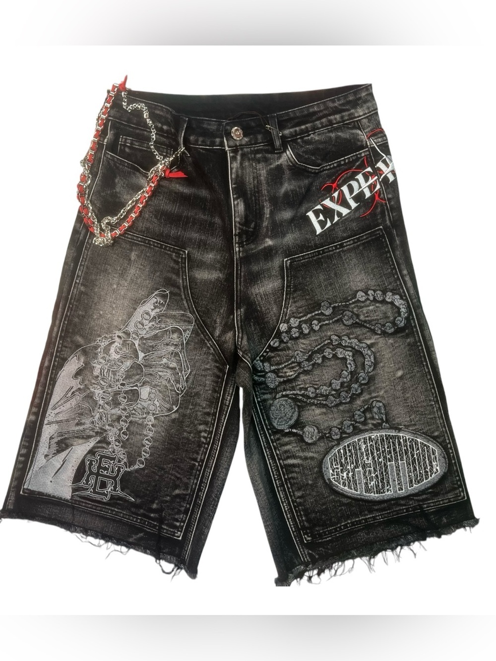 Sz 34 Black Graphic Denim Men’s Shorts with Chain Detail